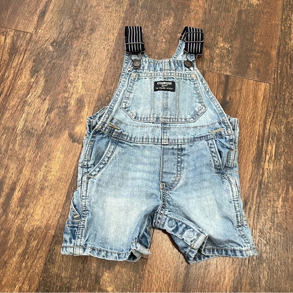 OshKosh B'Gosh Vestbak Shortalls Blue Jean Denim Boys Size 12M Striped Overalls